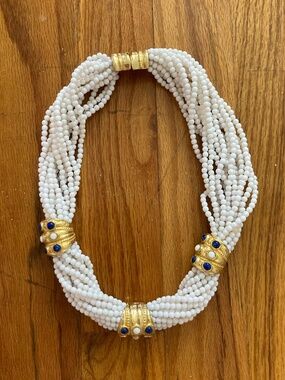Vintage Necklace - Chunky! Strands of White Beads & Decorative Gold Accents